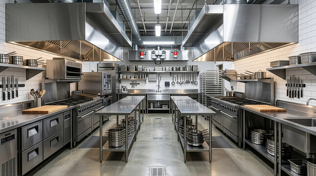 Clean and well-lit commercial kitchen with stainless steel countertops, professional equipment, and cooking stations