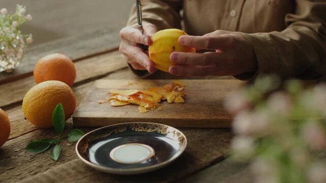 Woman peeling orange zest in rustic kitchen