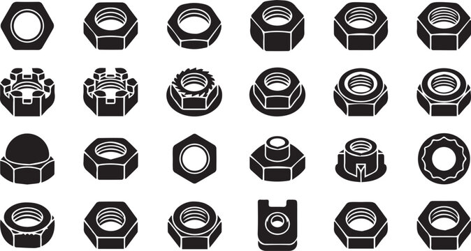 Professional collection of twenty four hex nut icons featuring various industrial fasteners flange nuts wing nuts and locking hardware in flat black silhouette vector style