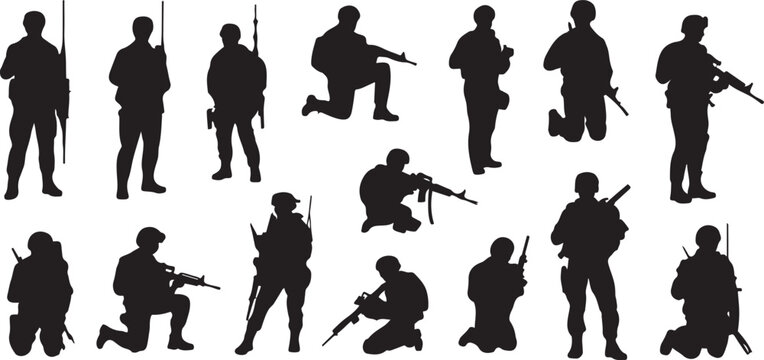 Army silhouette of men soldiers with weapons, a large military vector set. silhouette vector illustration