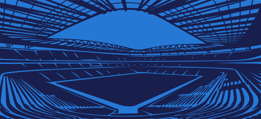 Interior view of a football stadium arena with blue graphic stylized lines and empty field. © Vecster