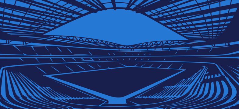 Interior view of a football stadium arena with blue graphic stylized lines and empty field.