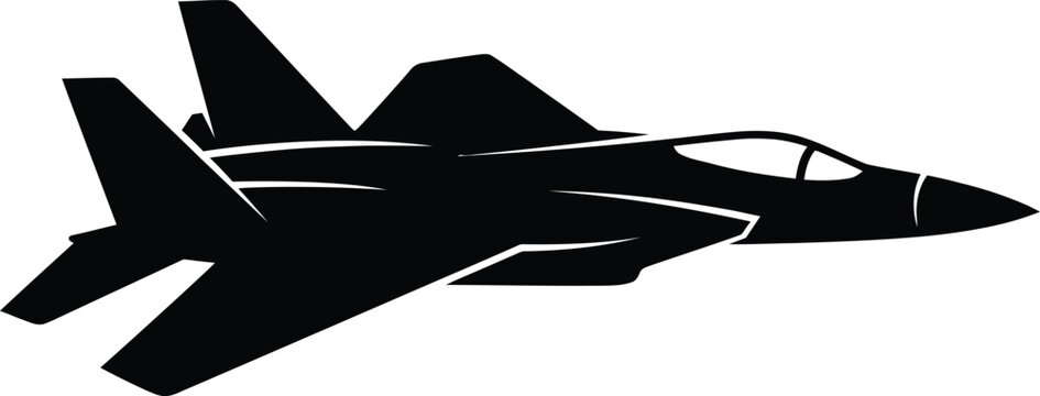 Detailed side profile silhouette of a twin engine fighter jet aircraft isolated on a white background, for aviation and, military projects