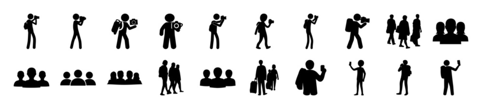 People icons showing different walking and standing poses - Set of simple black and white vector icons depicting various human silhouettes walking, running, and standing in different relaxed poses.