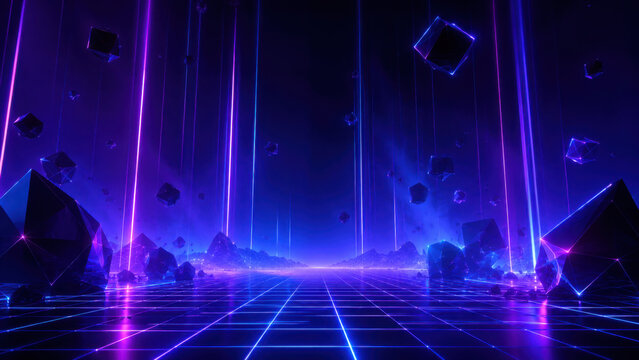 Abstract virtual reality digital landscape with glowing neon grid floor and floating shapes