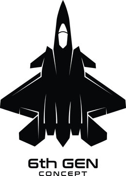 Conceptual black silhouette of a futuristic sixth generation fighter jet aircraft with text isolated on a white background, for military tech