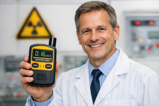 A scientist holds a cell phone while wearing a lab coat, suggesting a connection between technology and science