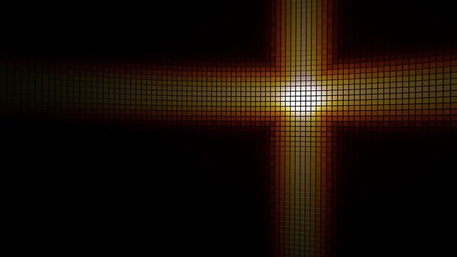 High quality 4K seamless abstract background loop. Features a luxurious curved wall of metallic square tiles illuminating in a dynamic orange red glowing cross flare pattern. Perfect for high-end 