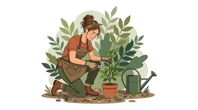 A woman happily gardening and pruning a small tree in a pot, surrounded by lush green plants and a watering can, enjoying her hobby