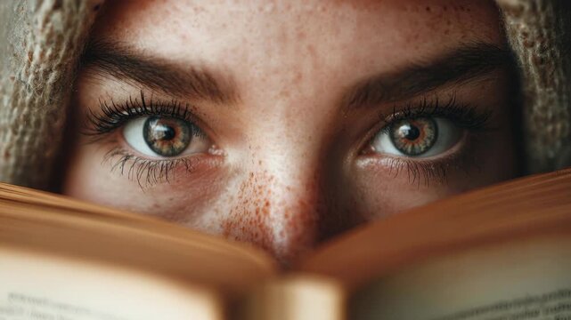 Close-up of a Young Woman's Eyes Filled with Curiosity Behind an Open Book in Soft Natural Light