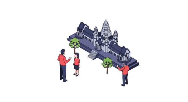 Isometric illustration of Angkor Wat temple with tourists exploring the ancient architecture.