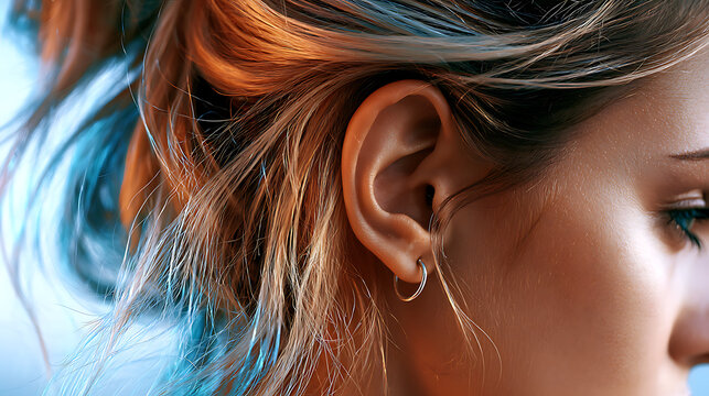 Photo of a woman's ear with hair.