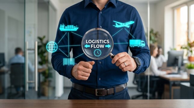 Man in office holding magnifying glass with logistics flow graphics