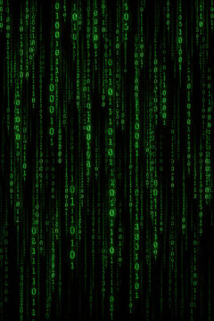 Green binary code matrix digital rain falling on black background
