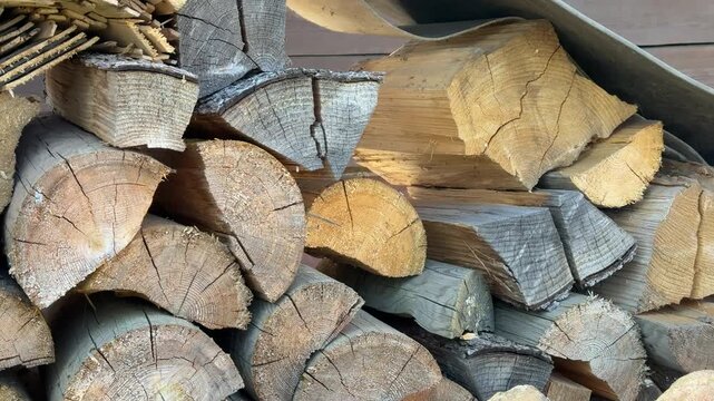 Stacked firewood under rubber sheet close-up showing neatly split logs with rough bark and visible growth rings against wooden shed