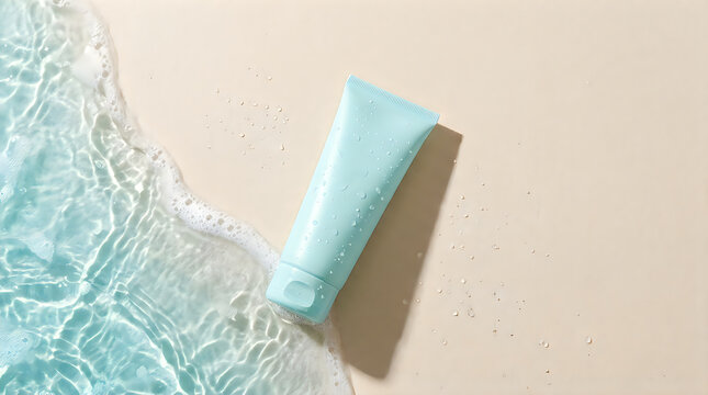 Light blue cosmetic tube on sandy beach with ocean water