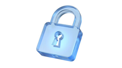 Naklejka premium Blue translucent glass padlock icon isolated on white background for cybersecurity and data protection concept.
