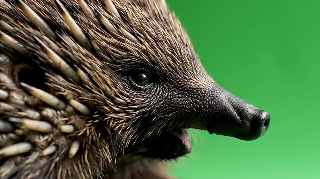 Detailed portrait of an echidna, an echidna australia native, captured against a vibrant echidna green screen background