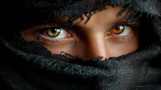 Close-up View of Captivating Eyes and Black Veil Conveying Mystery and Emotion