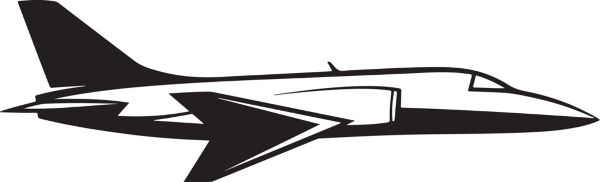 Black and white fighter jet, military aircraft icon, vector airplane, jet fighter silhouette