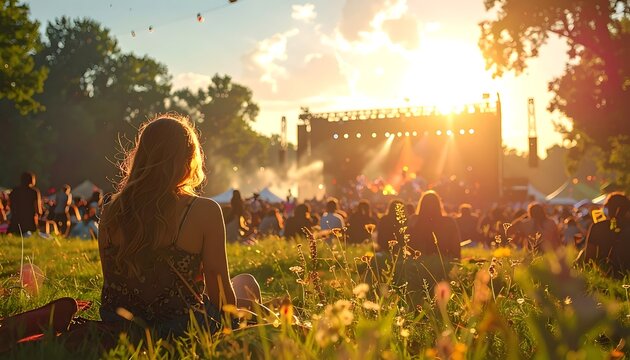 Woman sitting in grass at music festival.