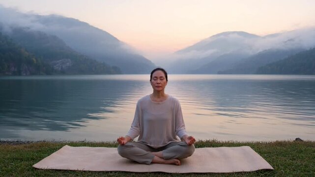Woman Meditating in Lotus Pose by Serene Lake with Mountain Background