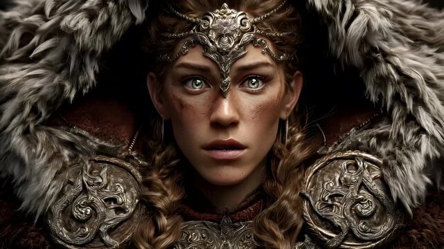Fantasy wallpaper. A detailed digital artwork depicts a female warrior in a closeup portrait. She wears ornate, silver armor with intricate designs and furlined hoods.
