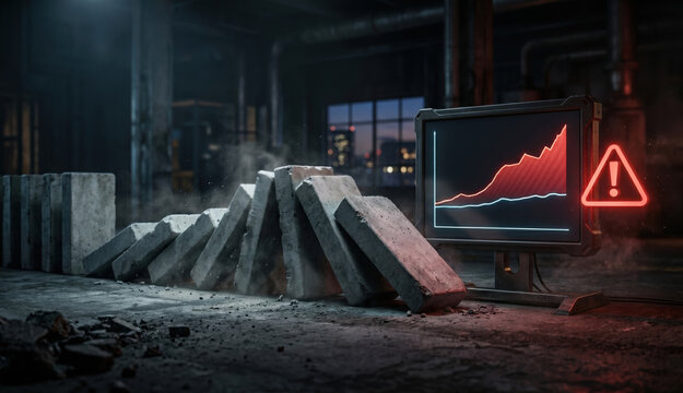 Dark moody scene with falling dominoes and red warning triangle beside a declining financial chart. Concept of credit spread widening during market stress, corporate default risk, and systemic financi