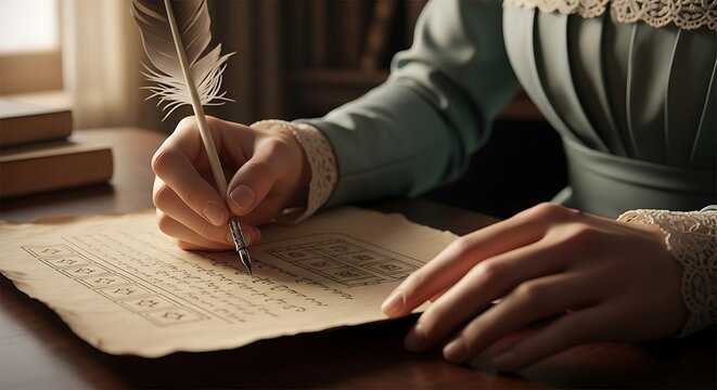 Close-up of Ada Lovelace&rsquo;s hands holding quill and paper