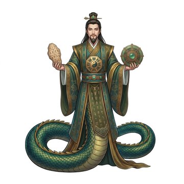Fuxi the mythological Chinese creator deity with a human torso and serpent tail holding a bagua compass