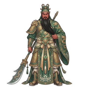 Guan Yu the legendary Chinese general in green dragon armor holding a Green Dragon Crescent Blade polearm