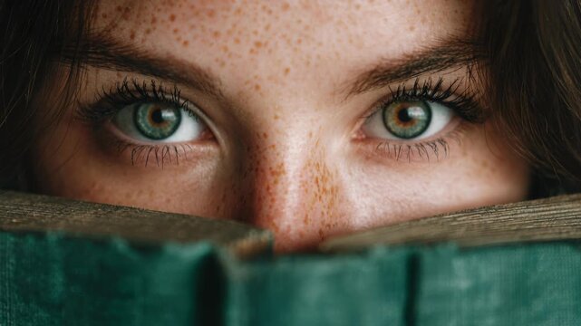 Young Woman with Green Eyes and Freckles Peering over a Book with an Intense Expression
