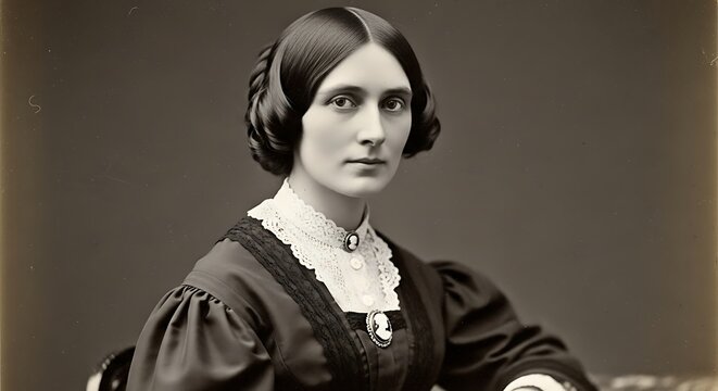 Hyper-realistic black-and-white portrait of Ada Lovelace, 19th-century photography style