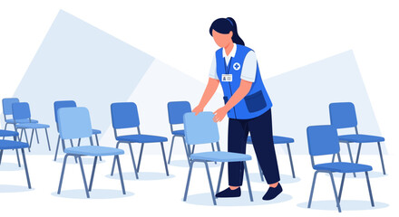 Fototapeta premium Healthcare worker arranging chairs for a meeting or event, social distancing concept