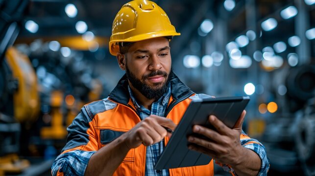 A worker wearing a hard hat oversees the process on a tablet inside a state-of-the-art factory &mdash; a setting that epitomises production automation, Industry 4.0 and engineering control.