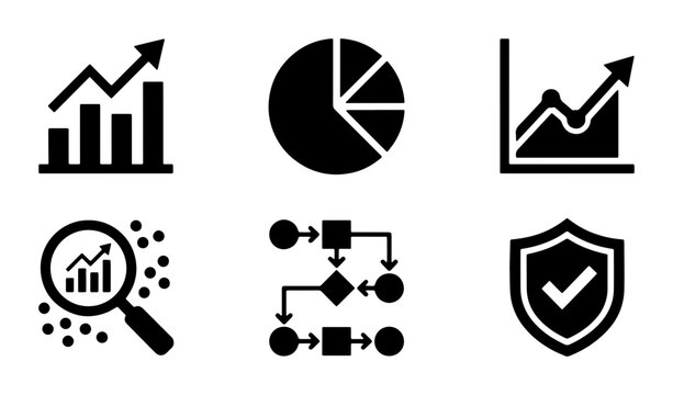 Business Analytics Icons Set, Data Visualization & Growth Charts, Workflow Diagram, Security Shield Vector Graphics