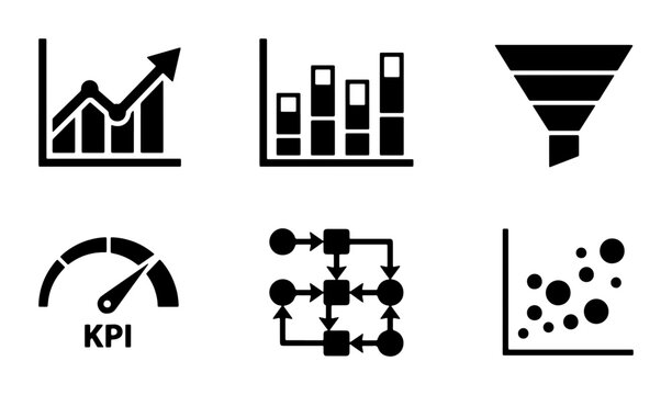 Business Analytics Icons Set: Growth Chart, Bar Graph, Funnel, KPI Meter, Flowchart, Scatter Plot, Data Visualization Vector Graphics