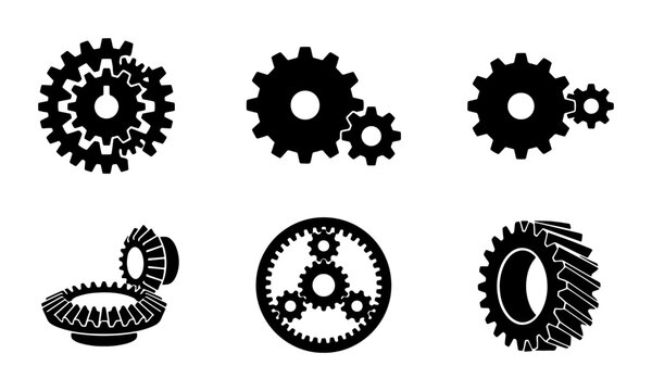 Industrial Gears Vector Icons Set, Mechanical Engineering Components, Precision Machinery Elements, Technical System Parts, Black and White Machine Elements