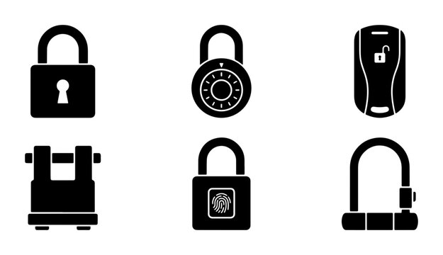 Security Locks Collection, Vector Icons for Protection and Access Control, Padlock, Combination Lock, Key Fob, U-Lock, Security Devices Set