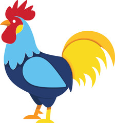 Colorful Rooster Vector Illustration Featuring a Standing Chicken with Blue Body and Yellow Tail for Agriculture Branding, Farm Identity, and Children’s Educational Graphic Materials. © Saminur