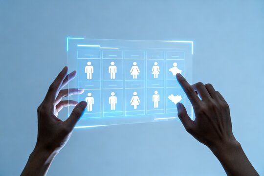 Hands interacting with digital gender icons