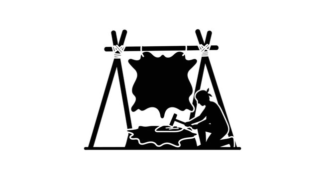 Man working with animal hide outdoors.