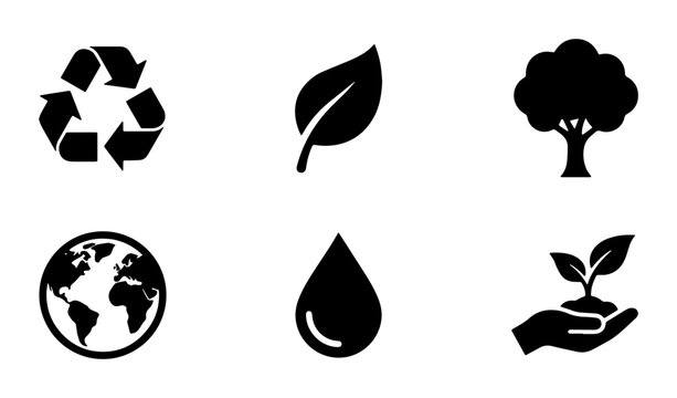 Eco-Friendly Icons Set: Recycling, Leaf, Tree, Earth, Water Drop, Seedling in Hand, Nature Symbols for Sustainability and Conservation