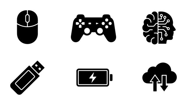 Technology Icons Set: Computer Mouse, Game Controller, AI Brain, USB Drive, Battery, Cloud Storage Vector Graphics for Digital Concepts