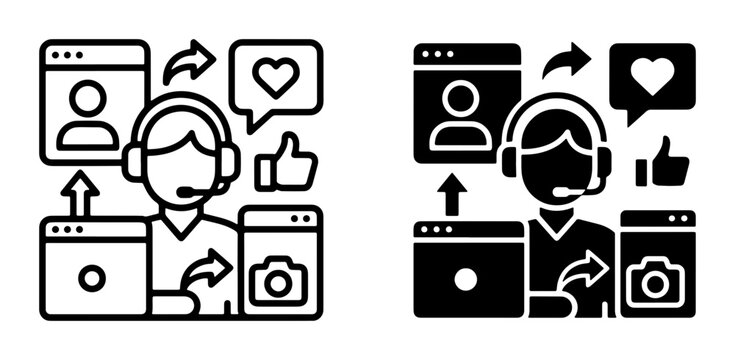 Social Media Management, Digital Marketing Support, Online Communication Icons Set, Customer Service, Content Creation, Engagement Metrics, Vector Graphics