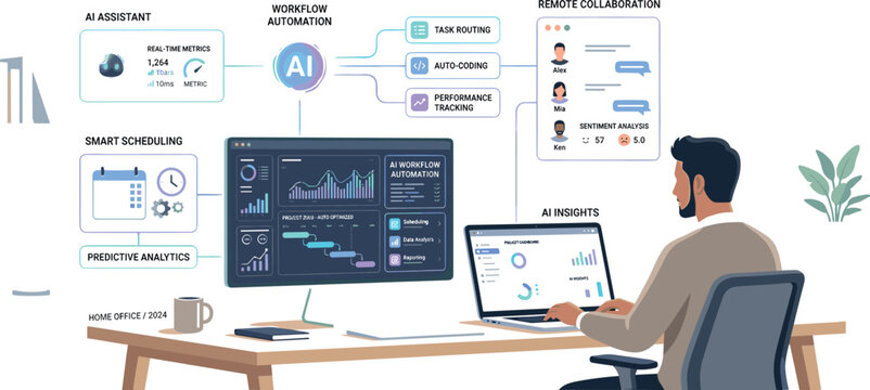 AI assistant workflow automation vector illustration with remote collaboration smart scheduling and modern productivity dashboard workspace