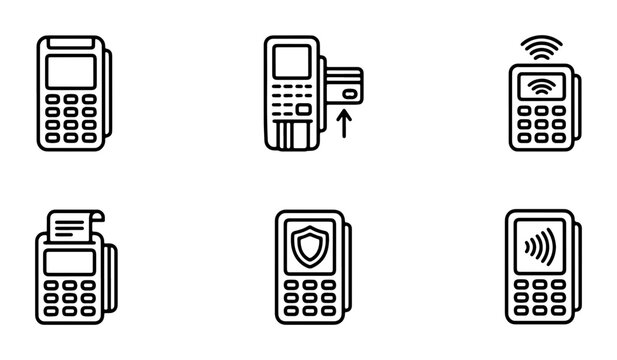 Payment Terminal Icons Set, POS Machine Graphics, Contactless Transaction Symbols, Credit Card Reader Vector Collection