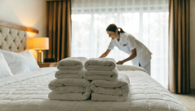 Fresh white towels stacked on neatly made bed with hotel staff member arranging bedding in bright room with curtains and lamp