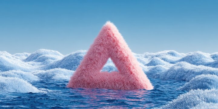 Pink fuzzy triangle floats in blue rippled water with ice formations under a blue sky