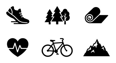 Fototapeta premium Fitness and Outdoor Activity Icons: Running Shoe, Trees, Yoga Mat, Heartbeat, Bicycle, Mountain Peaks - Vector Set